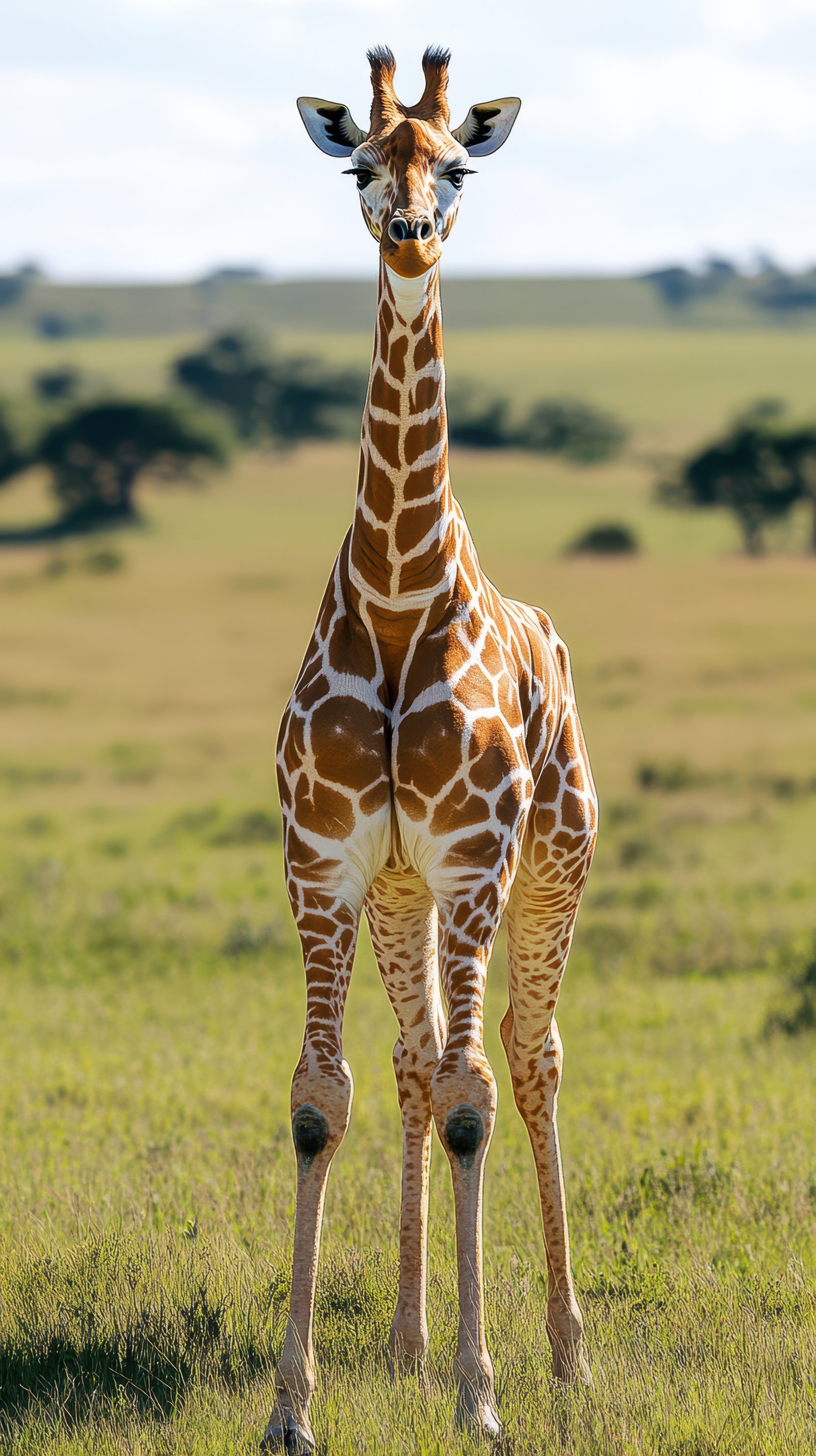 Majestic giraffe stands tall against the backdrop of a vast savanna during daylight in Africa